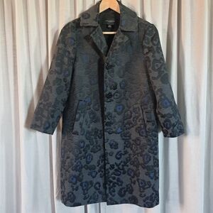 Ann Taylor Elegant Long Coat Womens XS Blue Gray Black Pattern 3/4 Sleeves